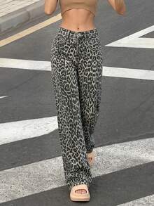 Calça Longa Casual Feminina Estilo Y2K Hot Girl, Estampa de Leopardo Cinza, Perna Reta e Larga, Cintura Média, Tecido Plano Sem Elasticidade, Comprimento até o Chão - Cinza Claro - Visão 7