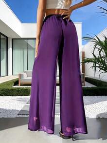 Women's Casual Wide Leg Pants, HighWaistedElastic Waist Flowy Trousers, Lightweight Breathable Outfit For Travel,Summer Outfits For Women Capri Pants - 紫色 - 查看 4