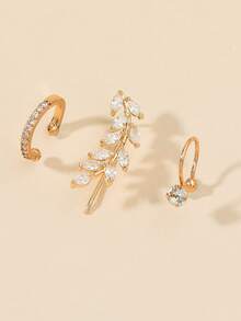 3pcs/Set Pendientes de clip de oreja sin perforación con circonita cúbica dorada para mujeres - Dorado - Ver 2