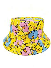 1pc Reversible Cute Duck Print Bucket Hat, Outdoor Essential For Women - Yellow Pink Blue - View 11