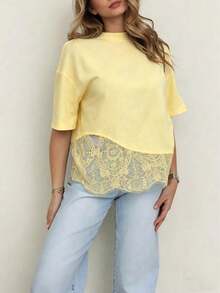 Camiseta de manga corta con parche de encaje de unicolor de punto, informal, deportiva, para oficina para primavera/verano, color negro - Amarillo - Ver 1
