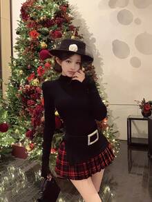 Women Short Dresses - Black Top + Red Plaid Midi Skirt [with Belt] - View 8