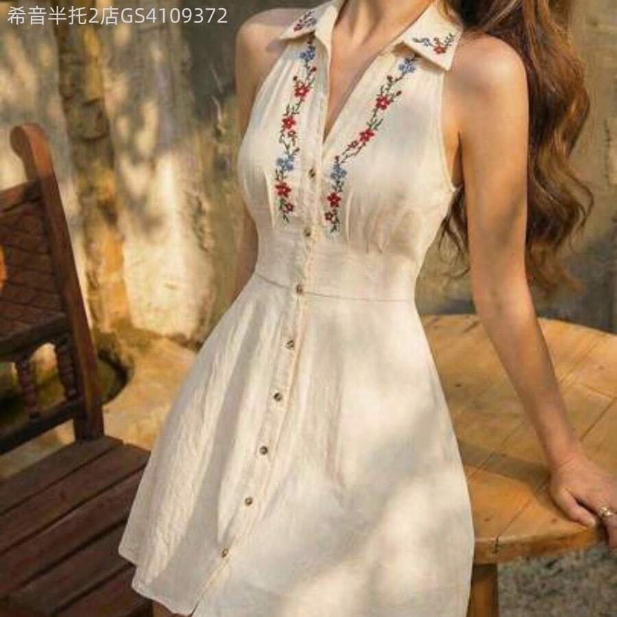 Soqi Women's Clothing Vestido con hombros descubiertos bordado a mano en estilo bohemio, 100% algodón - Estilo occidental, vintage de los 70, lindo, para citas, fiestas, uso en verano y primavera, vacaciones, picnics, festivales, cumpleaños - Albaricoque - Ver 1