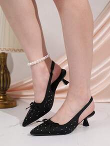 Women's Polka Dot Satin High Heel Sandals, Bowknot Pointed Toe Low Heel Dress Shoes With Rivets, Party - Black - View 15