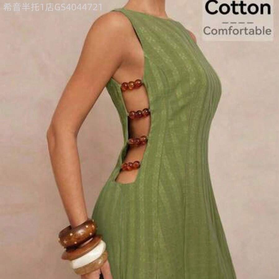 MewMuse.  Vestido mini de línea A con cuello en V sin mangas, cintura ceñida, recortes, escote redondo, tirantes con cuentas, recortes laterales, para mujer, para fiesta, vacaciones, playa, boda, ceremonia, estilo bohemio, con detalles de lentejuelas y bordados - Verde - Ver 1