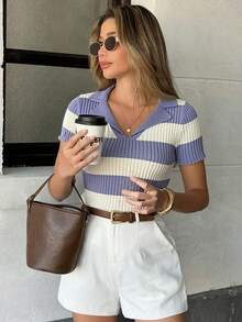 Blusa de verano de manga corta con cuello polo de punto a rayas en contraste, estilo de calle francés - Morado - Ver 2