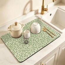 Luckybutterfly 2pcs Floral & Plant Pattern Multipurpose Absorbent Mats, 2 Different Polyester Waterproof Countertop Protector Pads, Suitable For Kitchen, Dining Table, Dish Drying, Washing Machine, Coffee Maker, Bathroom Vanity, Kitchen Accessories, Party Supplies - Orange Floral Pattern + Green Plant Leaf Pattern - View 3