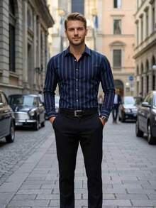 Kemeja Pria Lengan Panjang Bergaris Kancing Tunggal, untuk Bisnis/Perjalanan - Navy Blue - View 4