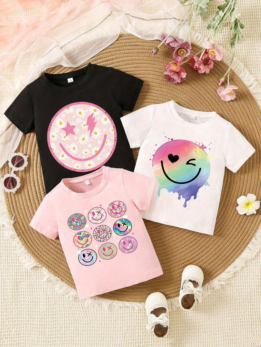 Prenda individual, no un conjunto de 3 piezas, Set de 1 camiseta de manga corta de verano con estampado combinado de rostro floral y colorido, para adolescentes. - Negro - Ver 1