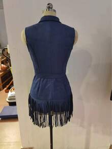 Bohemian Spaghetti Strap Backless Fringe Dress, Faux Suede Zip Waist Cinch Maxi Dress For Vacation Party Graduation & Holiday Presents - Navy Blue - View 9