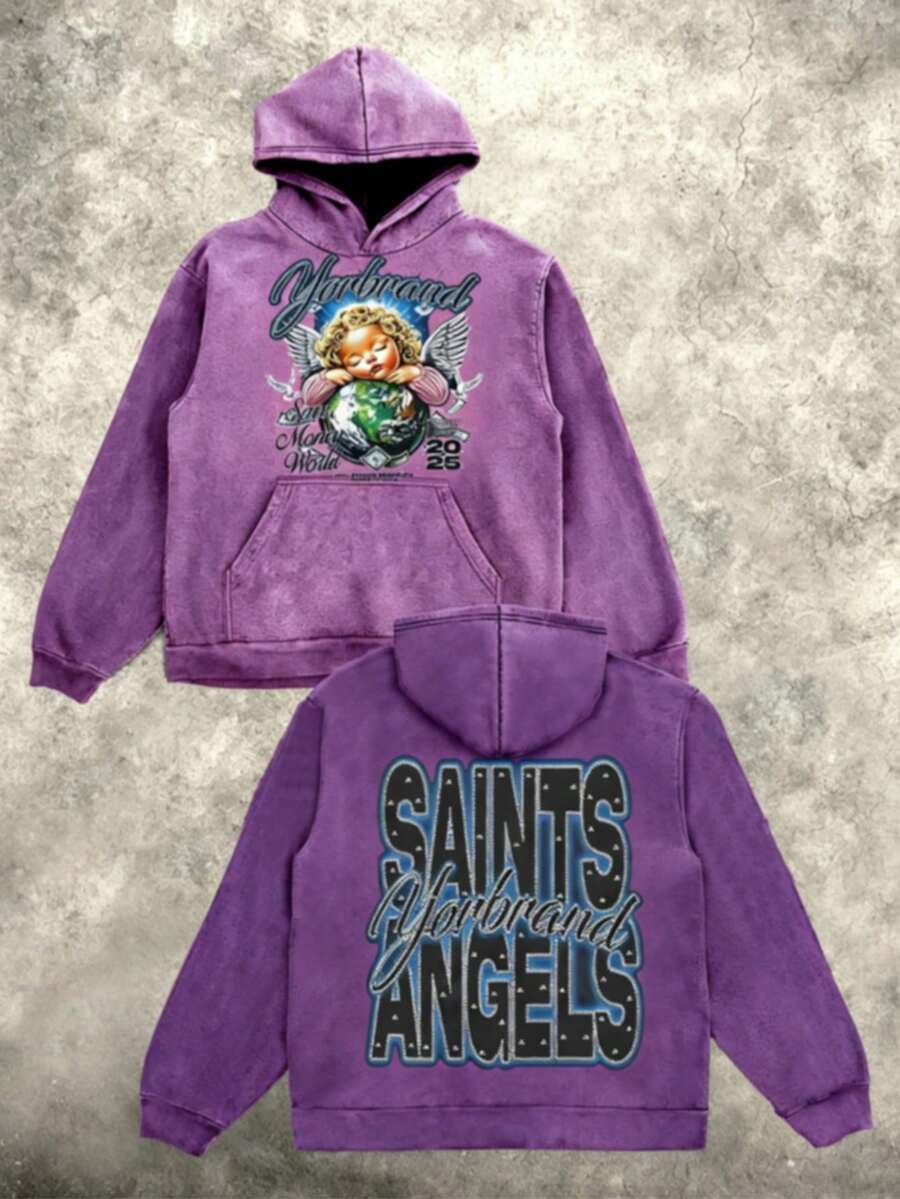 Men's "Saints & Angels" Angel Earth Washed Hoodie – Vintage Cherub & Globe Graphic Oversized Hoodie, Retro Y2K Streetwear Casual Top - 紫色 - 查看 1