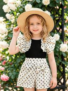 Young Girls' French Sweet Style Black & White Polka Dot Set, Ruffled Sleeve Ribbed Tank Top + Bow Decor Skirt Shorts 2pcs Outfit, Summer Holiday Party - Black - View 10