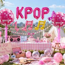 10入音樂主題派對氣球組，包含K-POP字母氣球、音符氣球、22吋粉色4D迪斯可球，適用於流行音樂主題派對、K-Pop主題派對、迪斯可搖滾生日派對裝飾 - 彩色 - 查看 3