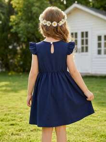 Vestido casual de verão para meninas, com estampa de cor sólida e mangas com babados fluidos, adequado para escola, uso diário e atividades ao ar livre - Azul Marinho - Visão 10