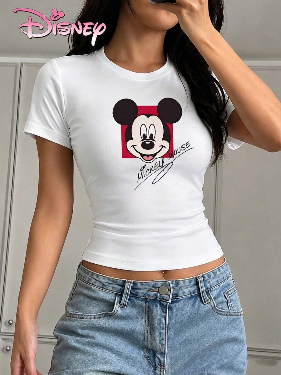 Women's Disney Slim-Fit Cropped T-Shirt With Signature Mickey Mouse Print On A Red Background. A Sweet And Cool Street Style, The Fitted Cut Accentuates Curves, Offering A Retro Yet Individualistic Look, Easily Creating A Chic American Hot Girl Style. - White - View 1