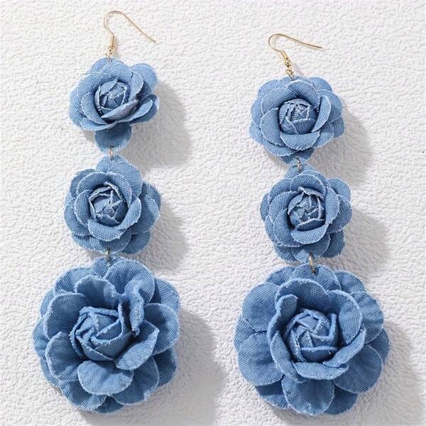 1 Pair Of Handmade Denim Flower Earrings With A Vintage Vibe, Fabric Floral Tassel Earrings, Exaggerated Earrings For Women, Fashionable Dangling Earrings, Accessories For Vacations And Banquets
