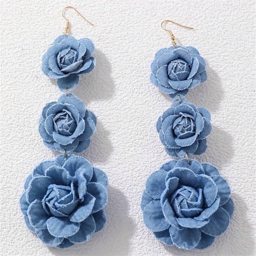 1 Pair Of Handmade Denim Flower Earrings With A Vintage Vibe, Fabric Floral Tassel Earrings, Exaggerated Earrings For Women - Blue - View 1
