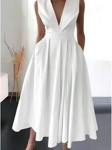 Summer Dresses For Women 2023 New Cross-Border Foreign Trade European And American Women's Clothing Summer Sleeveless Waist-Cinching Pocketed Large H - 白色 - 查看 1