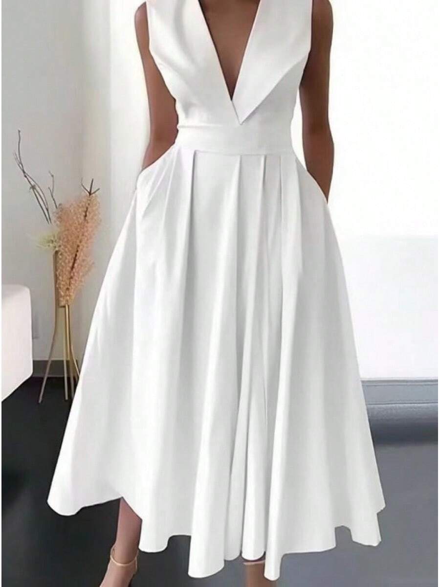 Summer Dresses For Women 2023 New Cross-Border Foreign Trade European And American Women's Clothing Summer Sleeveless Waist-Cinching Pocketed Large H - 白色 - 查看 1