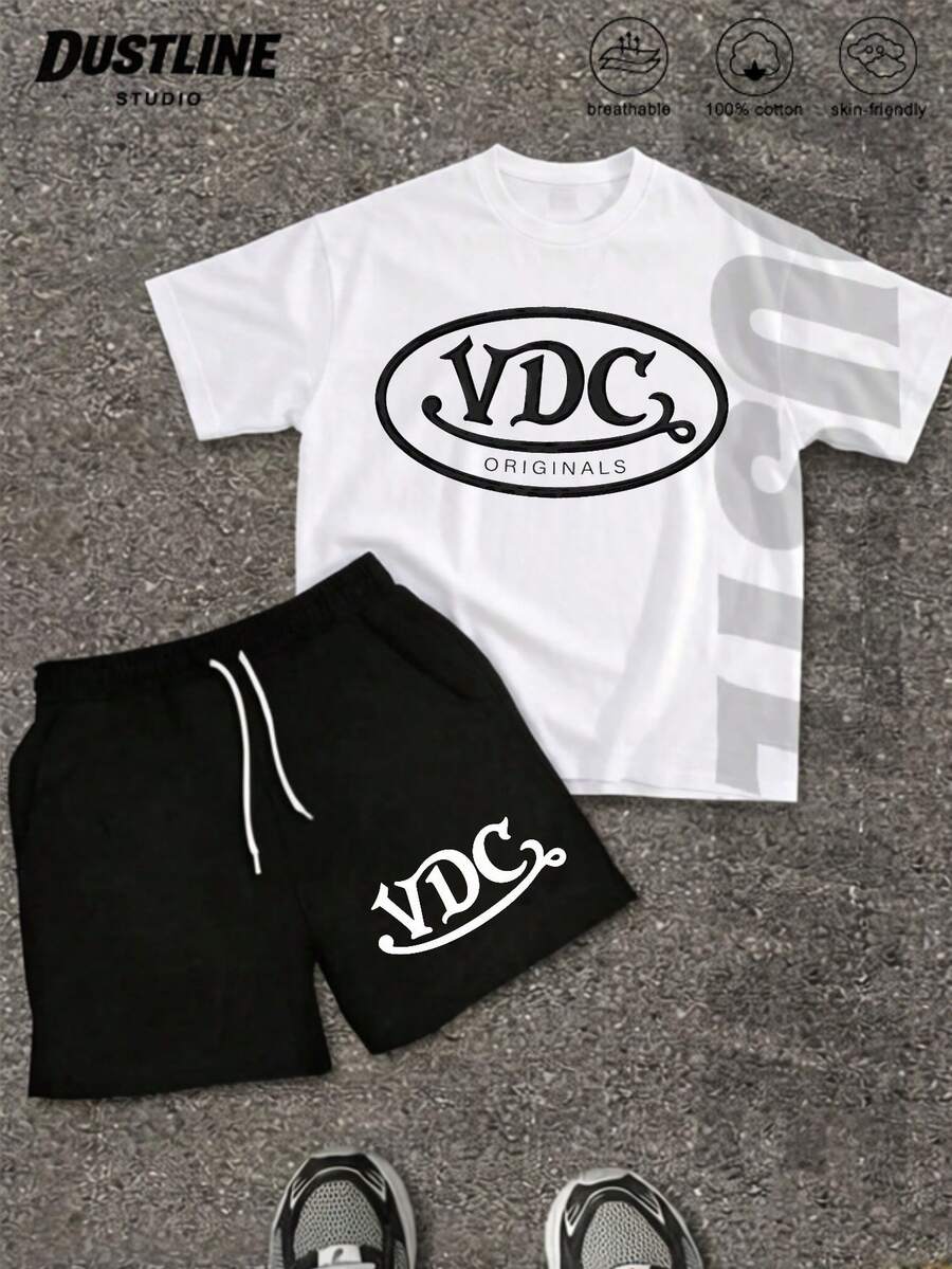 Mens Creative T Shirt And Shorts Set American Vintage Full Print Street Wear Essential T Shirt Set Men Graphic T Shirt And Shorts Set With Vonn Dutchn Originals Logo Print Casual Outfit For Everyday Wear And Urban Style - 白色 - 查看 1