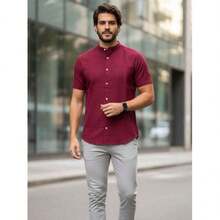 Men's Priest Collar Shirt - 酒紅色 - 查看 1