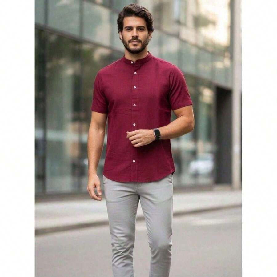Men's Priest Collar Shirt - 酒紅色 - 查看 1