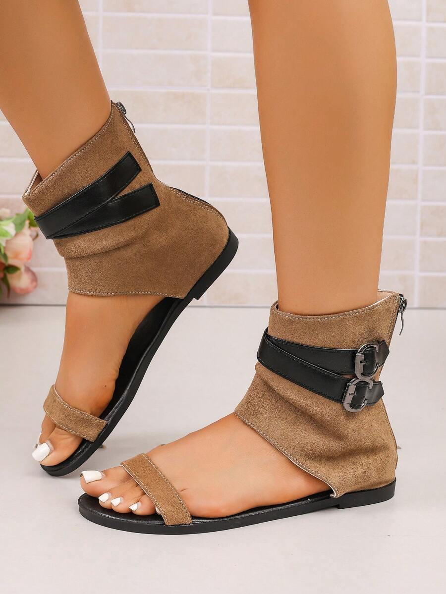 Sandal Boots Wanita Berbahan Suede dengan Belahan Jari Kaki, Boots Datar Bertepi Gulung Bergaya Vintage dengan Ujung Terbuka, Sol Lembut Nyaman untuk Dipakai Sepanjang Hari, Boots Kasual Serbaguna untuk Musim Semi/Panas, Cocok untuk Liburan, Perjalanan, dan Lainnya - Dril - View 1