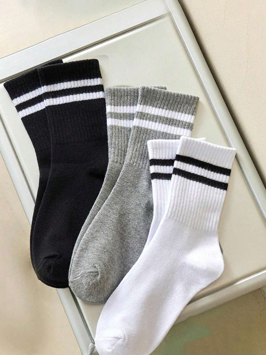 1/3/6雙中性條紋中筒襪,休閒日常百搭襪,黑/白/灰條紋印花休閒襪,百搭雙條紋學生中筒襪 - 彩色 - 查看 1