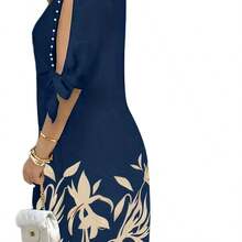 Vestido de mujer con estampado floral, mangas con volantes y adornos de perlas falsas, adecuado para vacaciones de primavera, uso diario casual, en casa y diversos eventos elegantes - Celeste - Ver 3