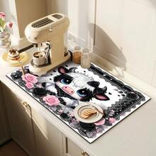 1pc Cutlery Drying Mat, Coffee Machine Pad, Big-Eyed Cute Cow & Lace Rose Pattern, High Absorbent Draining Mat For Dining Table, Coffee Bar, Kitchen Counter, Multipurpose Drainage Pad, Home Gift, Tabletop Decor - XYLSD-444 - View 3