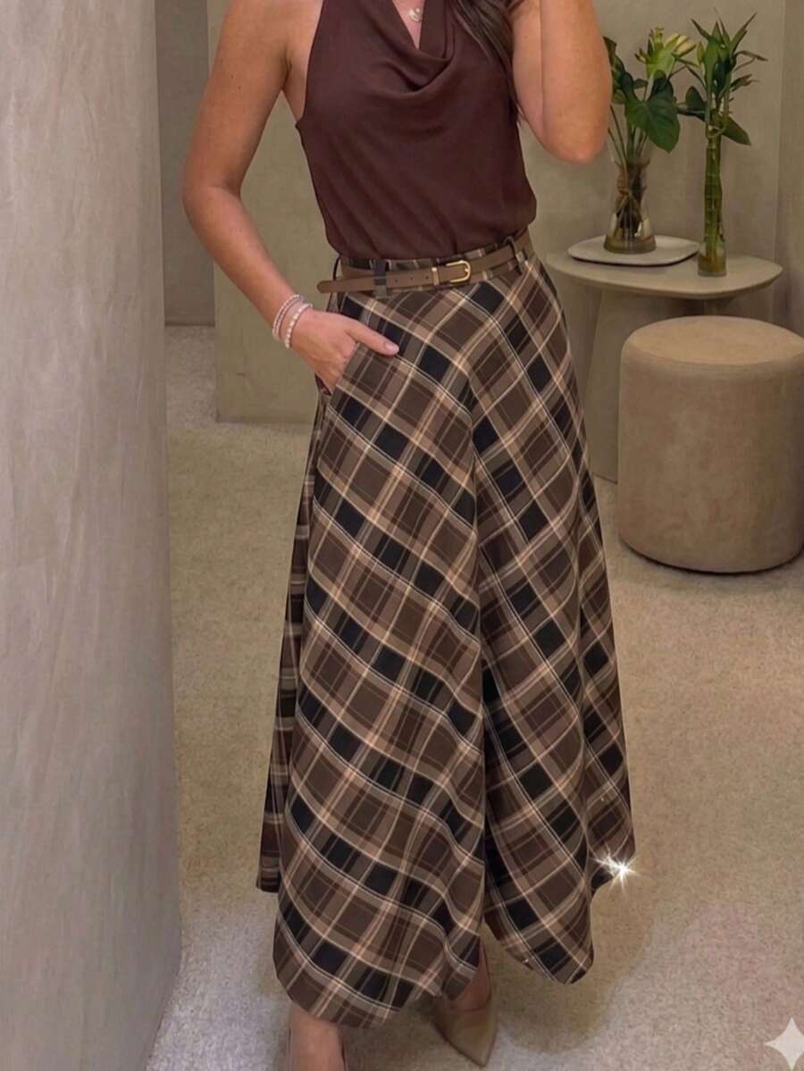 ESTTELA WOMEN'S FASHION LONG PLAID CREPE SKIRT LINED WITH ZIPPER - 咖啡棕 - 查看 1