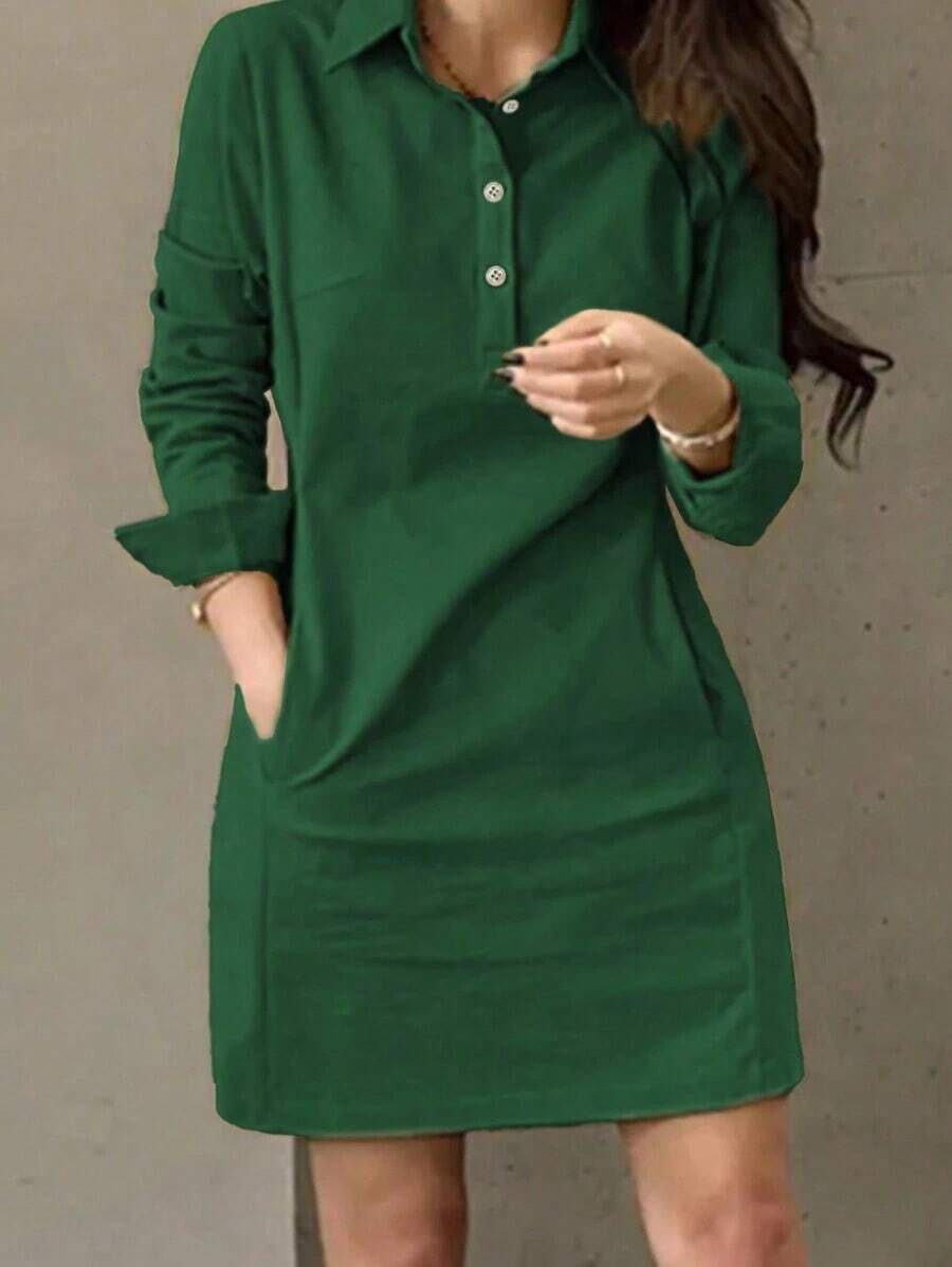 Vestido corto elegante de mujer con manga larga, estilo de moda casual con solapa y decoración de botones, para primavera y otoño - Verde - Ver 1