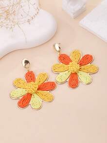 1 Pair Handmade Bohemian Style Raffia Flower Earrings, Retro Contrast Color Metal Earrings, Suitable For Beach, Party, Afternoon Tea, Daily Commute - Orange - View 2
