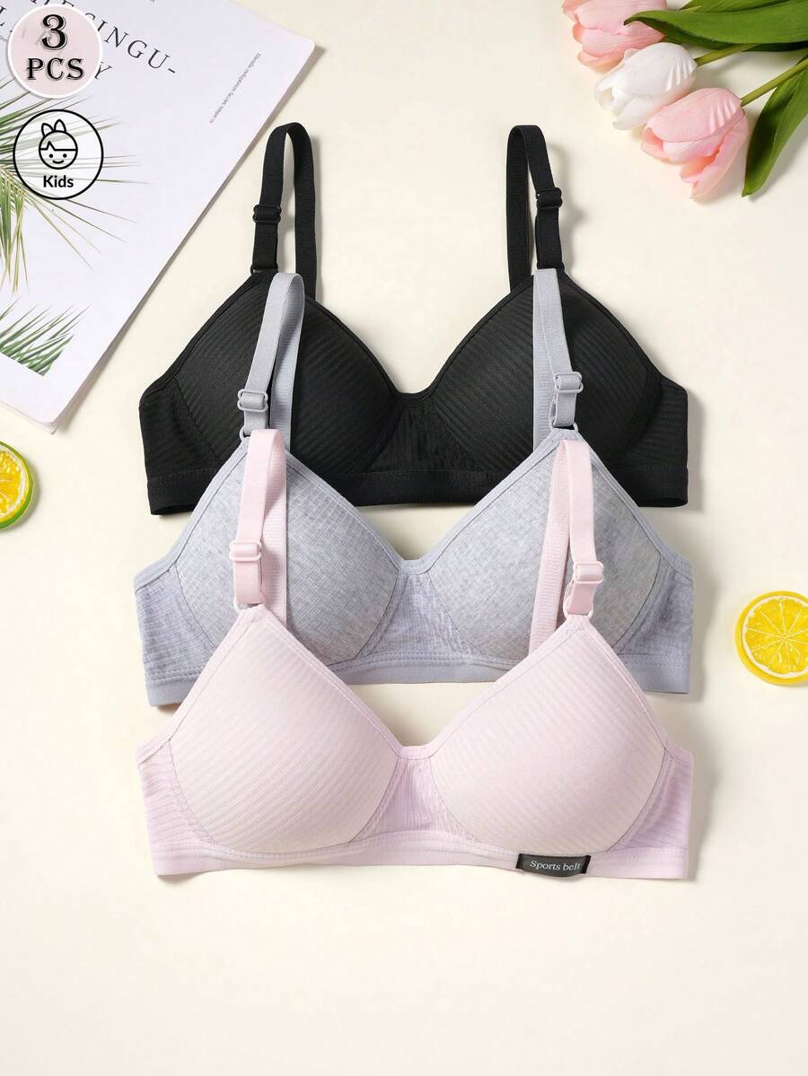 3pcs/Set Solid Color Triangle Cup Wireless Comfortable Cotton Bra, Suitable For 13-16 Years Old Girls - Multicolor - View 1