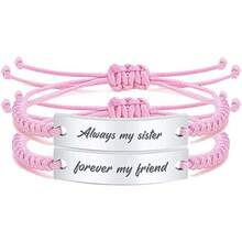 Women Charm Bracelet - Curved Plate - Steel Color + Waxed Rope - Pink - View 4