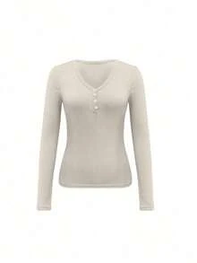 Set de 3 camisetas tipo Henley casuales de mujer con cuello en V y mangas raglán ajustadas - Multicolor 5 - Ver 3