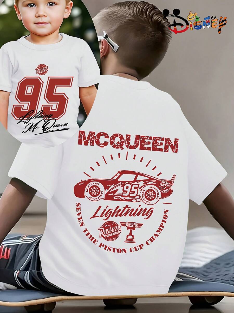 Disney Cars "Lightning McQueen 95" Kids Double-Sided T-Shirt, A Cute And Casual Short-Sleeved Children's Wear For Summer, Perfect For Boys. Comfortable And Breathable, Suitable For All Seasons, Lightweight And Stylish, With A Classic Print That Easily Matches Various Looks. Suitable For Both Boys And Girls. - trắng - Xem 1