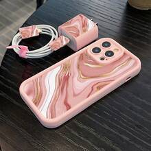 5-In-1 Pink Marble Gradient Pattern Phone Case Set: Phone Case + Charger Head Cover + Cable Protector + Storage Cord, Shock-Proof TPU Protection For Apple Phones - Multicolor - View 2