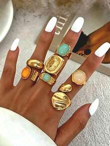 7pcs Vintage Elegant Bohemian Style Women's Ring Set, Suitable For Daily Wear, Party, Vacation And Date Stacking - Yellow Gold - View 1