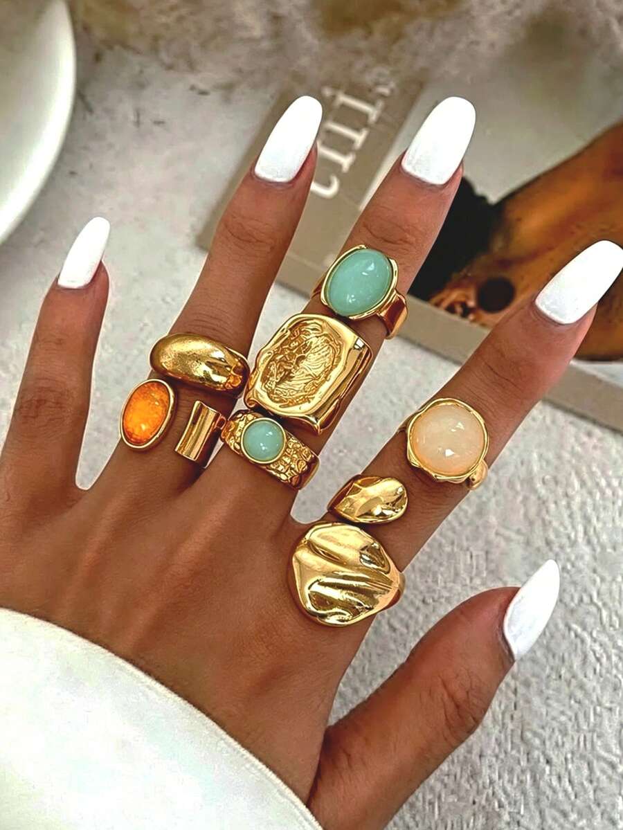 7pcs Vintage Elegant Bohemian Style Women's Ring Set, Suitable For Daily Wear, Party, Vacation And Date Stacking - Yellow Gold - View 1