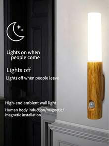 1pc Smart Motion Sensor Wall Light Walnut Wood Grain Night Light No Drilling Magnetic Bedside Wall Lamp - Multicolor - View 9