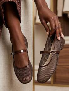 Women's Mesh Ballet Flats, Square-Toe Perforated Flats,Breathable Casual Square Toe Sandals, Fashion Comfort Soft Bottom Flat Shoes - 咖啡棕 - 查看 1