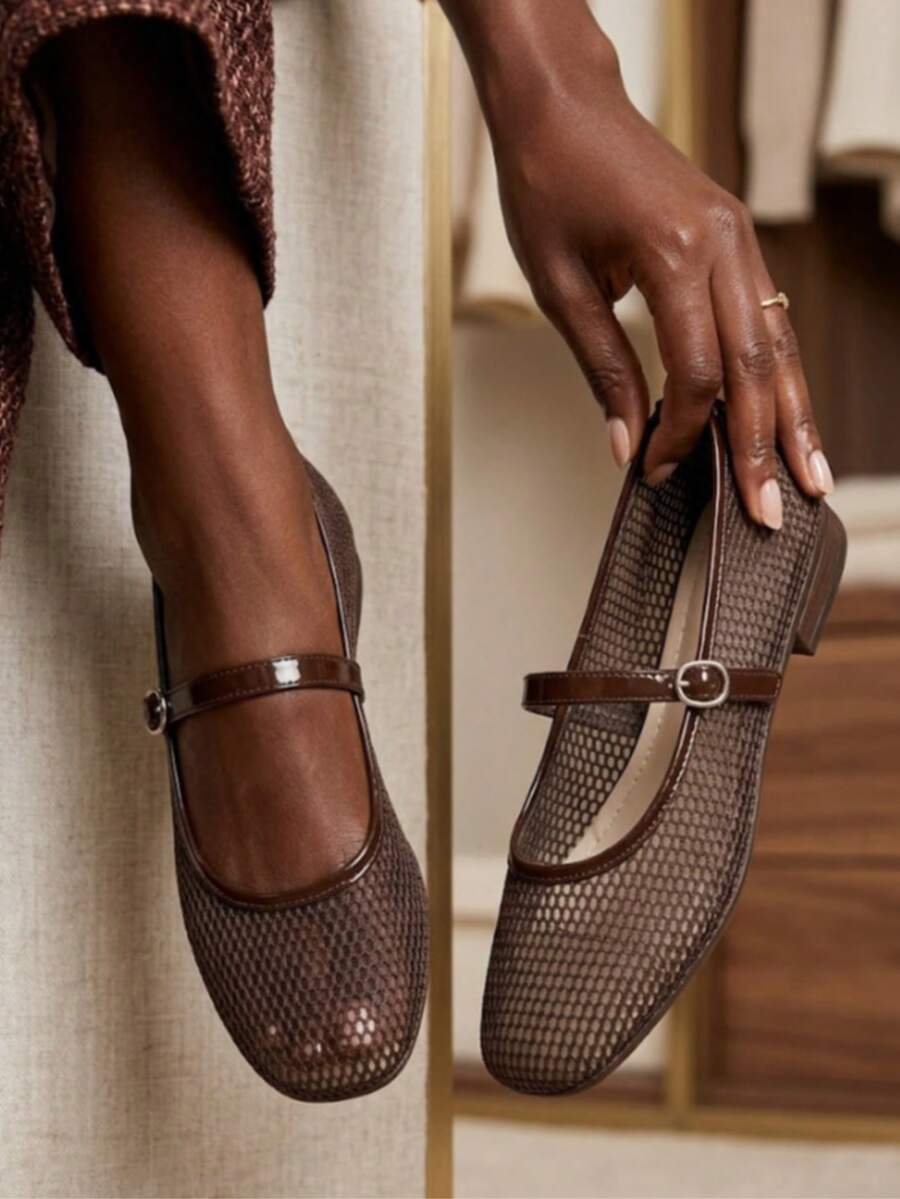 Women's Mesh Ballet Flats, Square-Toe Perforated Flats,Breathable Casual Square Toe Sandals, Fashion Comfort Soft Bottom Flat Shoes - 咖啡棕 - 查看 1