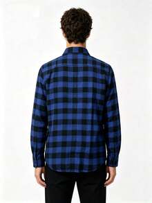 Men's Long-Sleeved Checkered Dress Shirt - Royal Blue - View 2