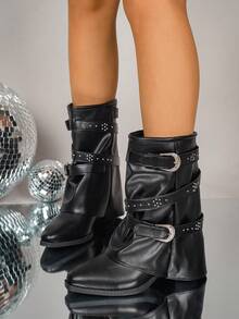 Sepatu Bot Wanita Model Vintage Gaya Motor Musim Gugur/Dingin Terbaru 2026 dengan Hiasan Paku Keling dan Model Longgar - Hitam - View 7