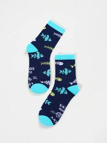 1 Pair Lucky Fishing Cotton Socks, Funny Men's Socks With Fish And Fishbone Patterns, Casual Creative Gift - Amusing Gift For Fishing Enthusiasts, Suitable For Fishing And Daily Wear - Multicolor - View 6