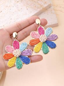 1 Pair Handmade Bohemian Style Raffia Woven Floral Earrings, Retro Contrast Color Metal Earrings, Suitable For Beach, Party, Afternoon Tea, Daily Commute - Multicolor - View 7