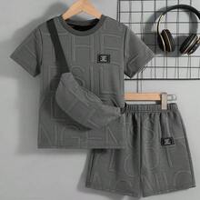 2pcs Boys Casual Outing Outfit - Solid Color Mandarin Collar Short Sleeve T-Shirt And Shorts Set With Pouch, Summer - Dark Grey - View 10