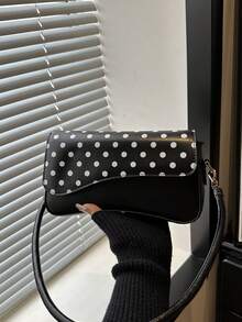 Fashionable Polka Dot Solid Color Asymmetrical Flap Vintage Minimalist Elegant Shoulder Bag - Black - View 9