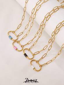1pc Stainless Steel Colorful Elliptical Buckle Pendant Necklace For Women Fashion Simple 18K Gold Plated Charms Chain Necklace - necklace - View 2